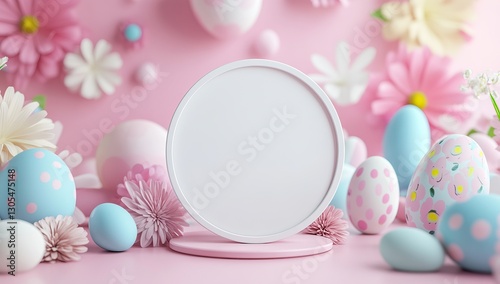 Pastel Easter eggs and pink flowers with an empty space. Mockup background AI generated image