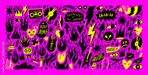 Collection of girly punk doodle shapes and figures, music abstract stickers.