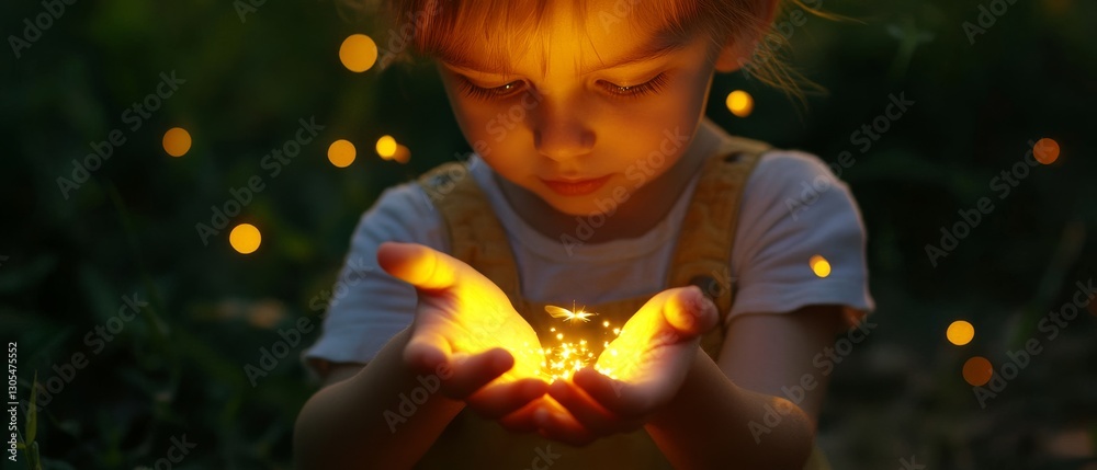 A child is enchanted by the magical glow of fireflies in their hands, set against a twilight background, evoking wonder and innocence.