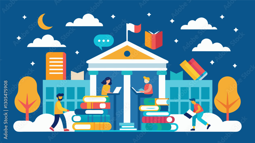 The school library will turn into a haven for book enthusiasts during our Reading Marathon where students can read relax and compete in literary challenges.. Vector illustration The school library will turn into a haven for book enthusiasts during our Reading Marathon where students can read relax and compete in literary challenges.. Vector illustration