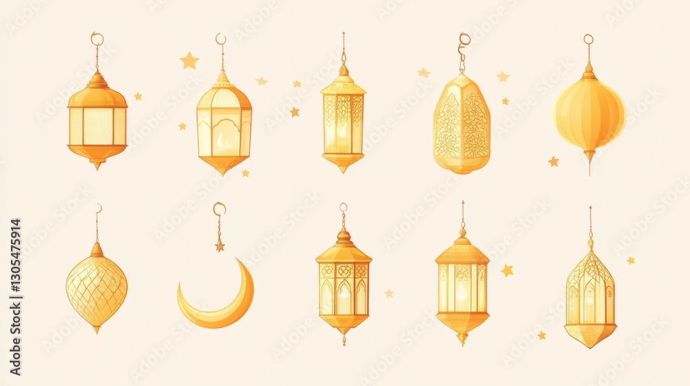 Ramadan kareem greeting card with illuminated arabic lanterns, crescent moon and stars hanging on light beige background Ramadan kareem greeting card with illuminated arabic lanterns, crescent moon and stars hanging on light beige background