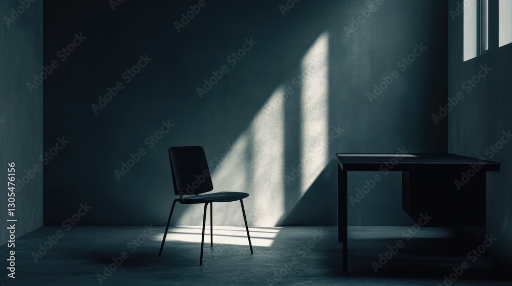 Empty Room with Chair and Desk, Sunlight Streaking Through Windows