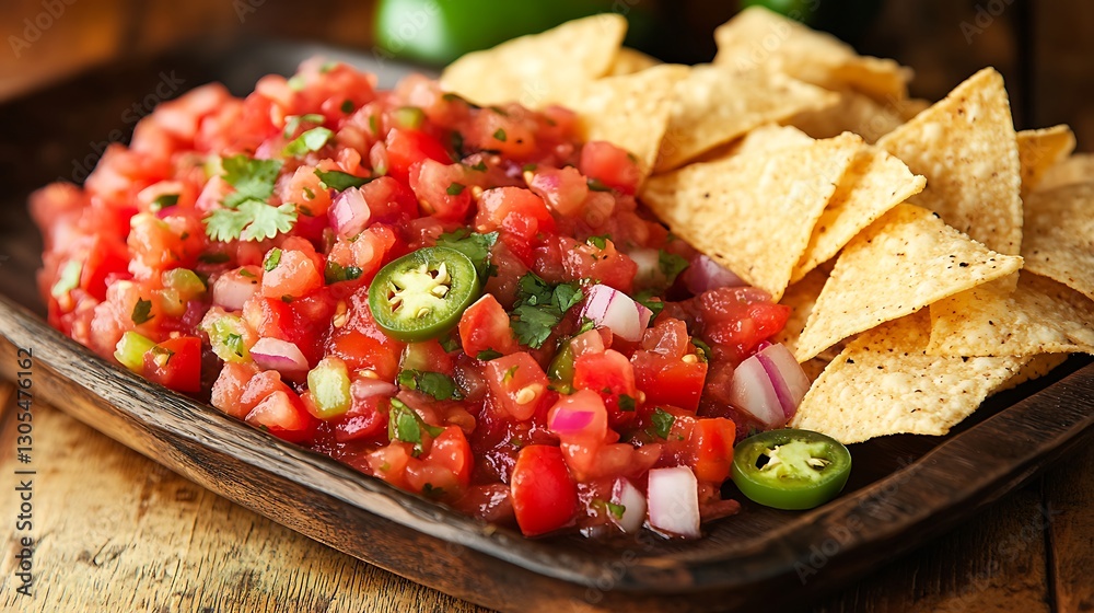 Chunky salsa loaded with tomatoes onions cilantro and jalapeos served with tortilla chips on a rustic tray for a vibrant snack time Chunky salsa loaded with tomatoes onions cilantro and jalapeos served with tortilla chips on a rustic tray for a vibrant snack time