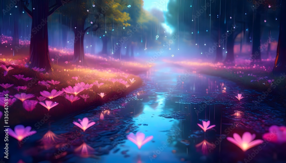 Fototapeta premium Glowing flower petals falling like rain in magical forest