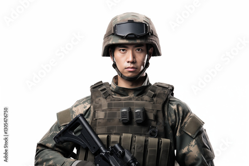 Asian Soldier in Uniform on White Background – Proud Military Man Representing Discipline, Strength, and Commitment to Service, Ready for Duty with Honor and Bravery in the Armed Forces