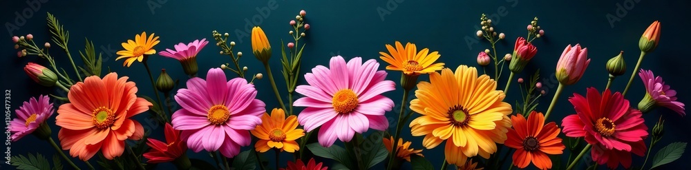 Fototapeta premium Vibrant bouquet of assorted flowers on a dark backdrop, flora, vibrant