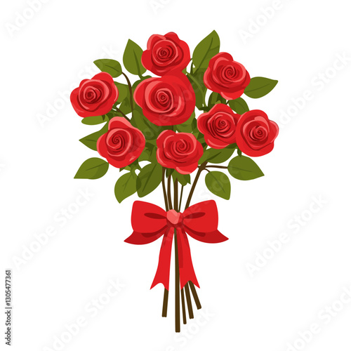 2D flat vector illustration red rose bouquet with love ribbon icon isolated on a white background.

