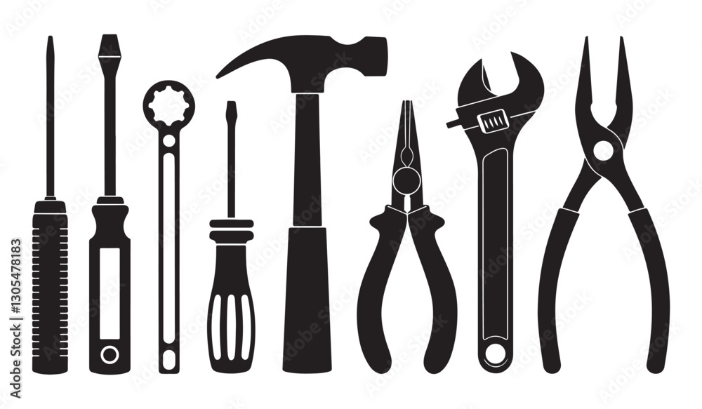 Minimalist Black and White Vector of Hand Tools Silhouettes – Hammer, Wrenches, Screwdrivers, and Pliers for Construction, DIY Projects, and Maintenance Illustrations Minimalist Black and White Vector of Hand Tools Silhouettes – Hammer, Wrenches, Screwdrivers, and Pliers for Construction, DIY Projects, and Maintenance Illustrations