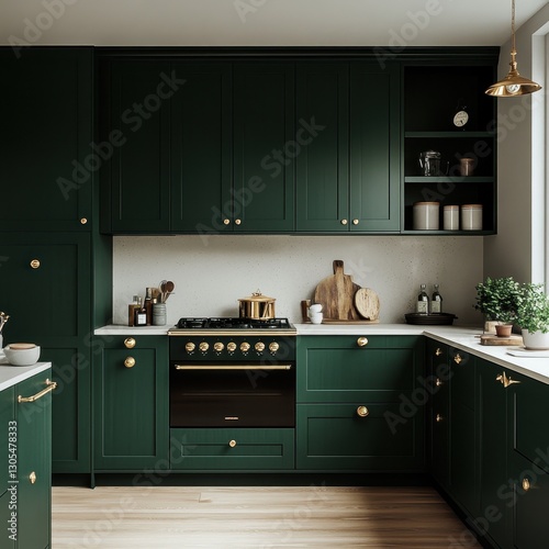 A modern kitchen interior features dark green cabinets and appliances