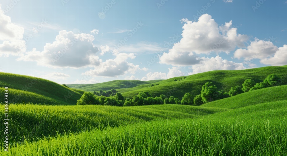 Fototapeta premium Serene countryside scene featuring flat plains interspersed with clusters of trees under cloudless cerulean expanse with wispy cirrus streaks above