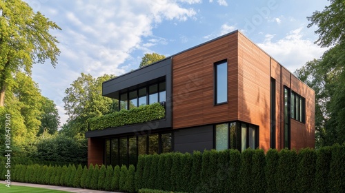 Wallpaper Mural Modern wooden house surrounded by lush greenery under a clear blue sky in a serene setting Torontodigital.ca