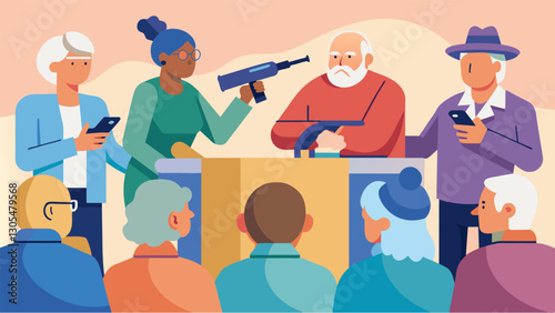 The debate club at the local senior center was abuzz with energy as seniors discussed the merits of gun control.. Vector illustration