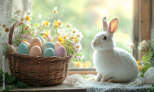 Cute white easter bunny sitting near a wicker basket full of colorful eggs and spring flowers by the window photo