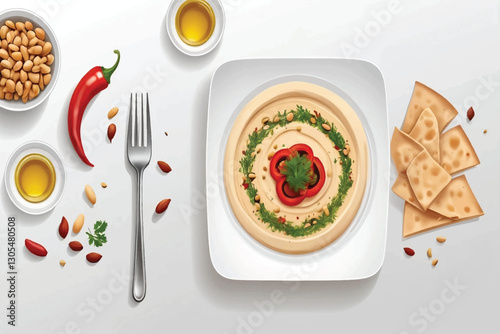 Classic hummus garnished with olive oil, pine nuts, paprika, parsley, and a slice of red pepper, served on a square white plate, offering a creamy and flavorful appetizer.