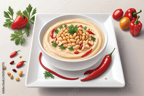 Classic hummus garnished with olive oil, pine nuts, paprika, parsley, and a slice of red pepper, served on a square white plate, offering a creamy and flavorful appetizer.