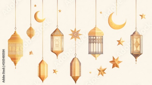 Ramadan kareem greeting card with illuminated arabic lanterns, crescent moon and stars hanging on light beige background