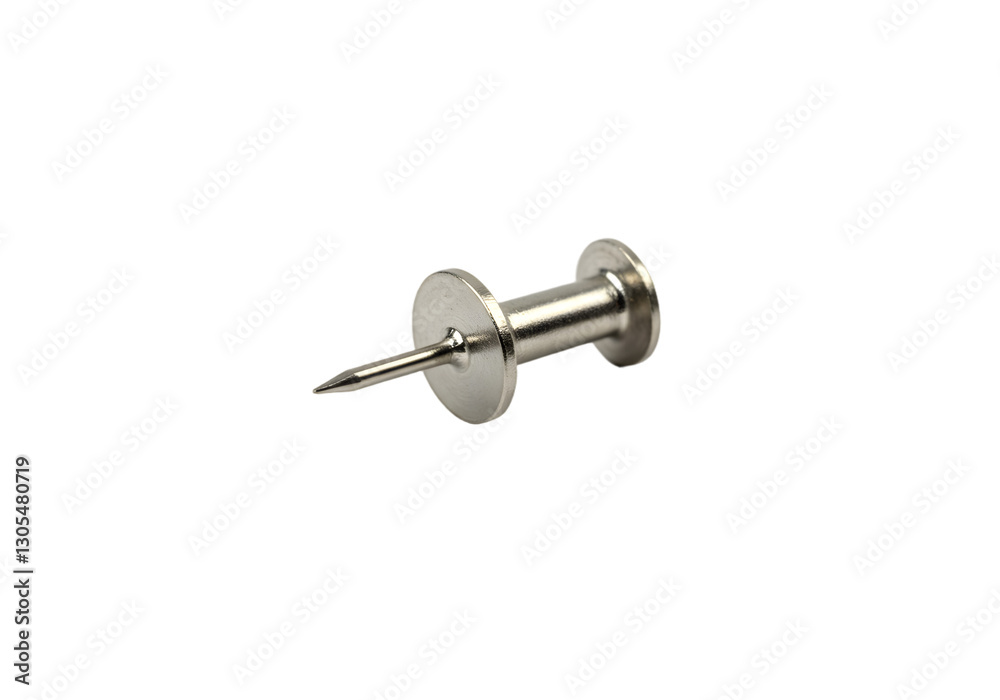 Single metallic thumbtack with sharp point for paper, office use, and organization on a white background Single metallic thumbtack with sharp point for paper, office use, and organization on a white background