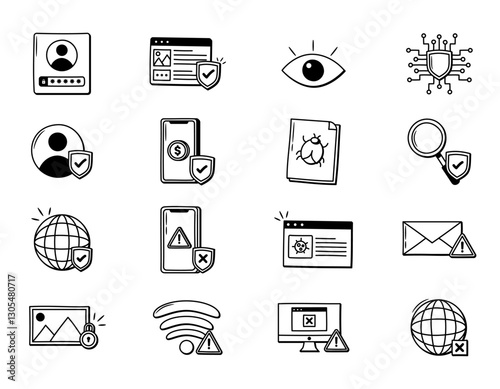Security and Privacy Icon Set with Doodle Style, Hand Drawn Security and Privacy Elements Collection