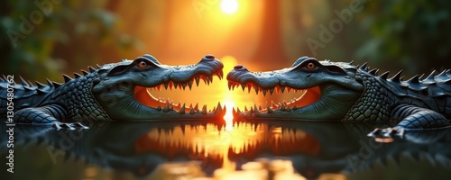 Two fierce crocodiles face off in a dramatic sunset, showcasing teeth and intensity, surrounded by lush foliage reflected in calm waters.
