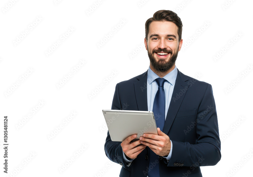 A smiling young businessman in a dark blue suit and light blue shirt holding a silver tablet isolated on transparent background A smiling young businessman in a dark blue suit and light blue shirt holding a silver tablet isolated on transparent background