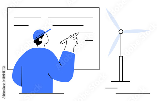 Engineer wearing a cap draws on a presentation board near a wind turbine. Ideal for renewable energy, project design, engineering, sustainability, brainstorming, planning, flat simple metaphor