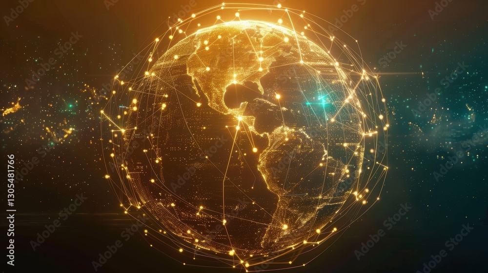 Obraz premium Futuristic Global Payment Network with Digital Nodes on a 3D Globe - Blue and Gold Design