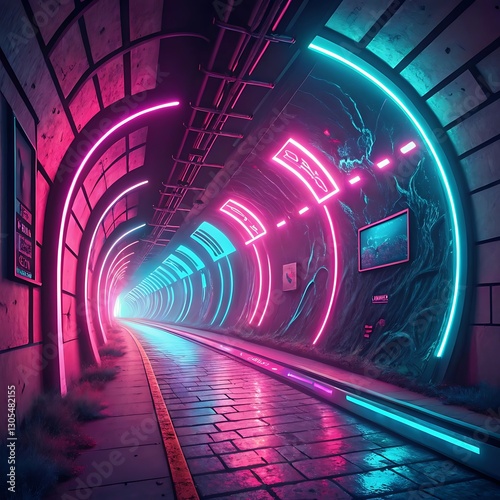 Neon-Lit Tunnel with Glowing Pink and Blue Lights, Dynamic Vibes