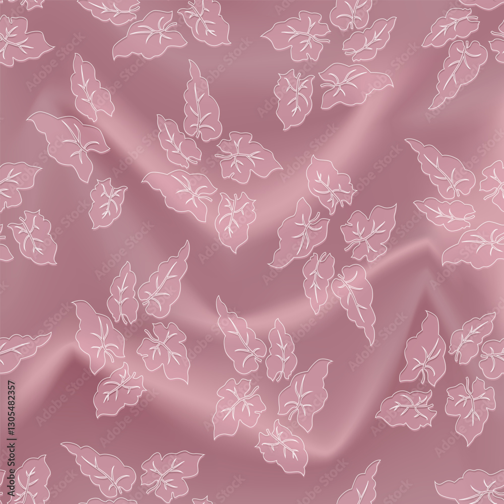 Fototapeta premium Flourish leaves ornament over soft silk folds background. The texture of textile pattern with flourish nature garden motif decor. Floral pattern.