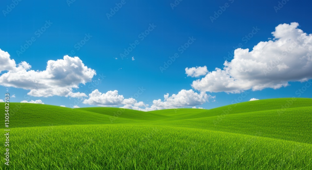 Expansive verdant terrain beneath clear azure heavens dotted with voluminous white billows and undulating mounds Expansive verdant terrain beneath clear azure heavens dotted with voluminous white billows and undulating mounds