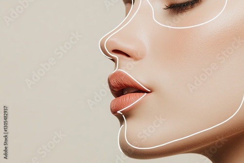 Close-up of a woman's face highlighting lips and jawline with contouring lines, symbolizing beauty and cosmetic enhancement.
