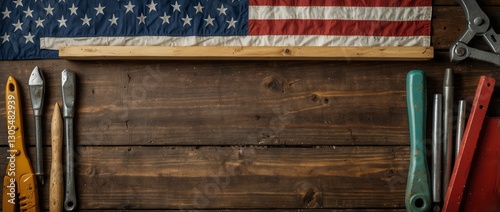 Top-Down Patriotic Layout with Construction Tools and Blank Chalkboard on Rustic Wood

