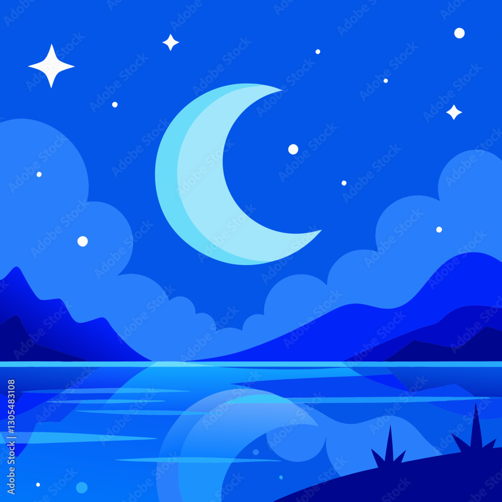 Fototapeta premium A stunning blue fantasy background featuring a glowing moon and twinkling stars reflecting over serene water, perfect for dreamy designs and mystical themes