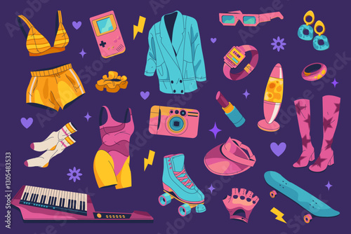 Set of vector icon of women items. 90s fashion and beauty outfit and vintage style accessory. Classic girl power aesthetic style. Swimsuit and lady costume, dress and wear. Lady, female, woman symbol.