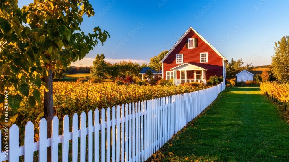 Charming red farmhouse surrounded by vibrant autumn foliage and a white picket fence at sunset Charming red farmhouse surrounded by vibrant autumn foliage and a white picket fence at sunset