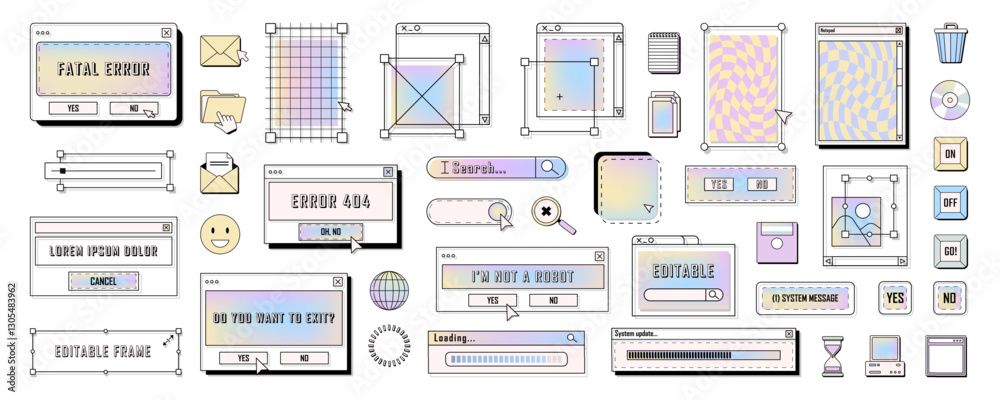 Set of retro digital desktop icons and frames. Vector pc or computer message windows and user interface icons. Vintage application notification. System dialog with buttons. Technology element design.