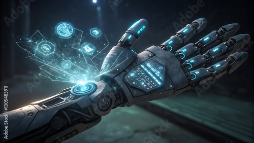 Ultra-Realistic Robotic Hand with Glowing Circuits and Holographic Data Interaction
