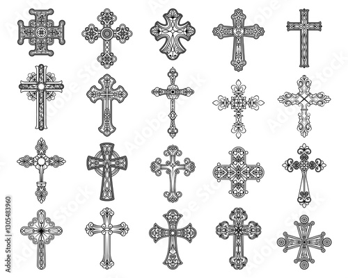Catholic cross vector icon set. Religious christian symbol. Faith collection of crucifix or holy emblem, spiritual sign for devotion and prayer, worship. Sacred decoration for church and theology.