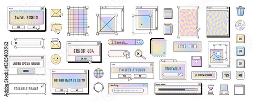 Set of retro digital desktop icons and frames. Vector pc or computer message windows and user interface icons. Vintage application notification. System dialog with buttons. Technology element design.