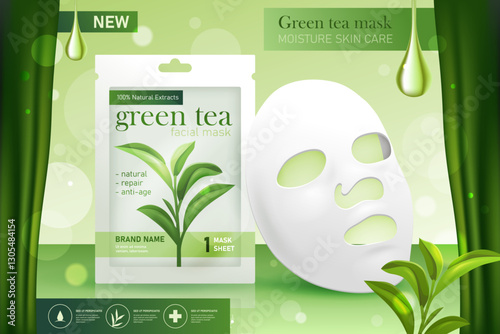 Realistic face mask or facial cosmetic brand template. Vector 3d wrapper for tea moisturizer with natural ingredients. Herbal liquid for skin and body, health care. Cleaning liquid. Dermatology.