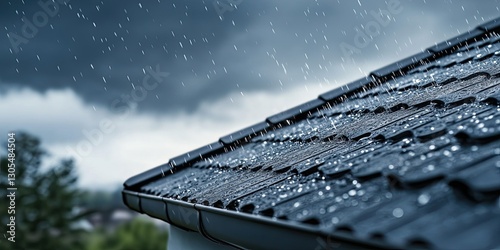 Close-up of a black metal roof with raindrops, highlighting waterproof properties and durability in rainy weather.