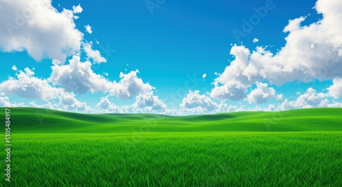 Rolling terrain with lush vegetation and gentle slopes under brilliant azure canopy with scattered cumulus formations