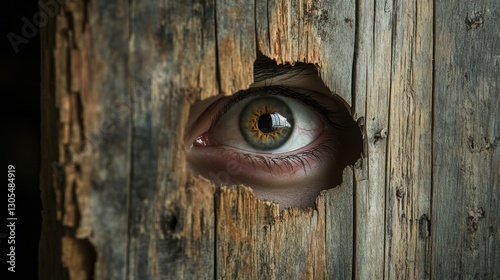 Eye peering through hole in weathered wood (1)