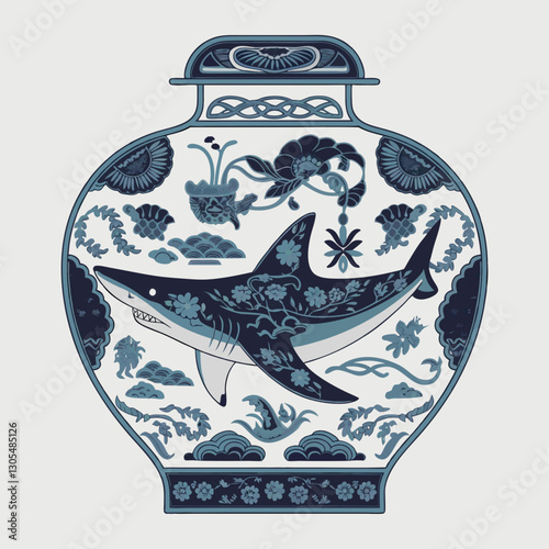 Blue and white porcelain vase with shark illustration