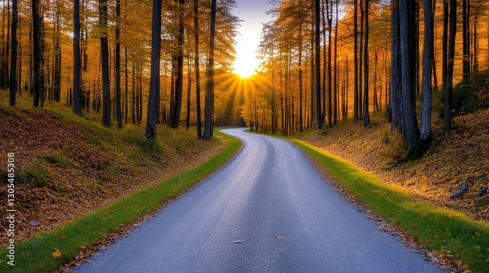 Obraz premium Serene autumn landscape featuring a winding road through vibrant trees at sunset