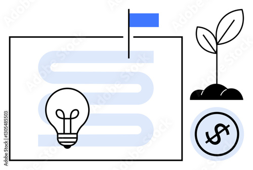 Lightbulb, plant sprout, money circle, and flag path emphasize strategic planning, entrepreneurship, sustainability, success, innovation financial growth and goal achievement. Flat simple metaphor