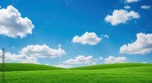 Serene landscape with vast open fields and distant rolling hills under expansive blue sky with fluffy white clouds