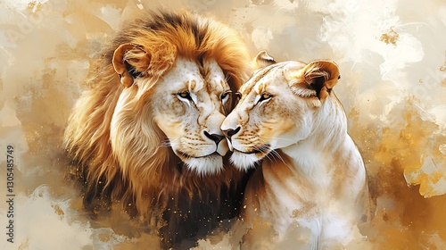 Golden tones highlighting lion and lioness in majestic embrace high resolution picture