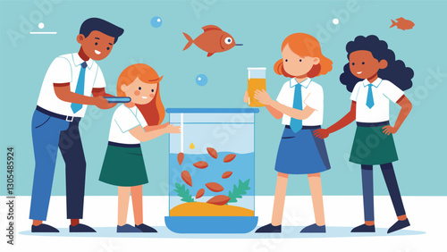 The students carefully measure out the correct amount of food for the class fish and sprinkle it gently into the tank all while taking turns to avoid overcrowding the tank.. Vector illustration