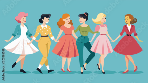 The iconic fashion of the 50s was brought back to life with swing dresses poodle skirts and fitted cardigans all modeled by Baby Boomers.. Vector illustration