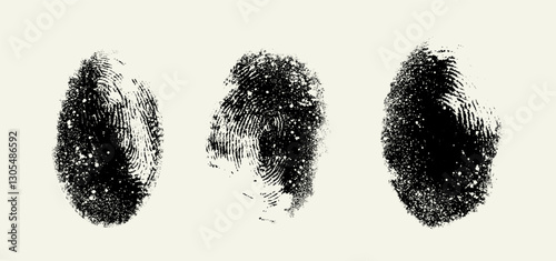 Human fingerprint texture set. Black and white grunge fingerprint white texture background. Collection of template fingerprint. Vector illustration.
